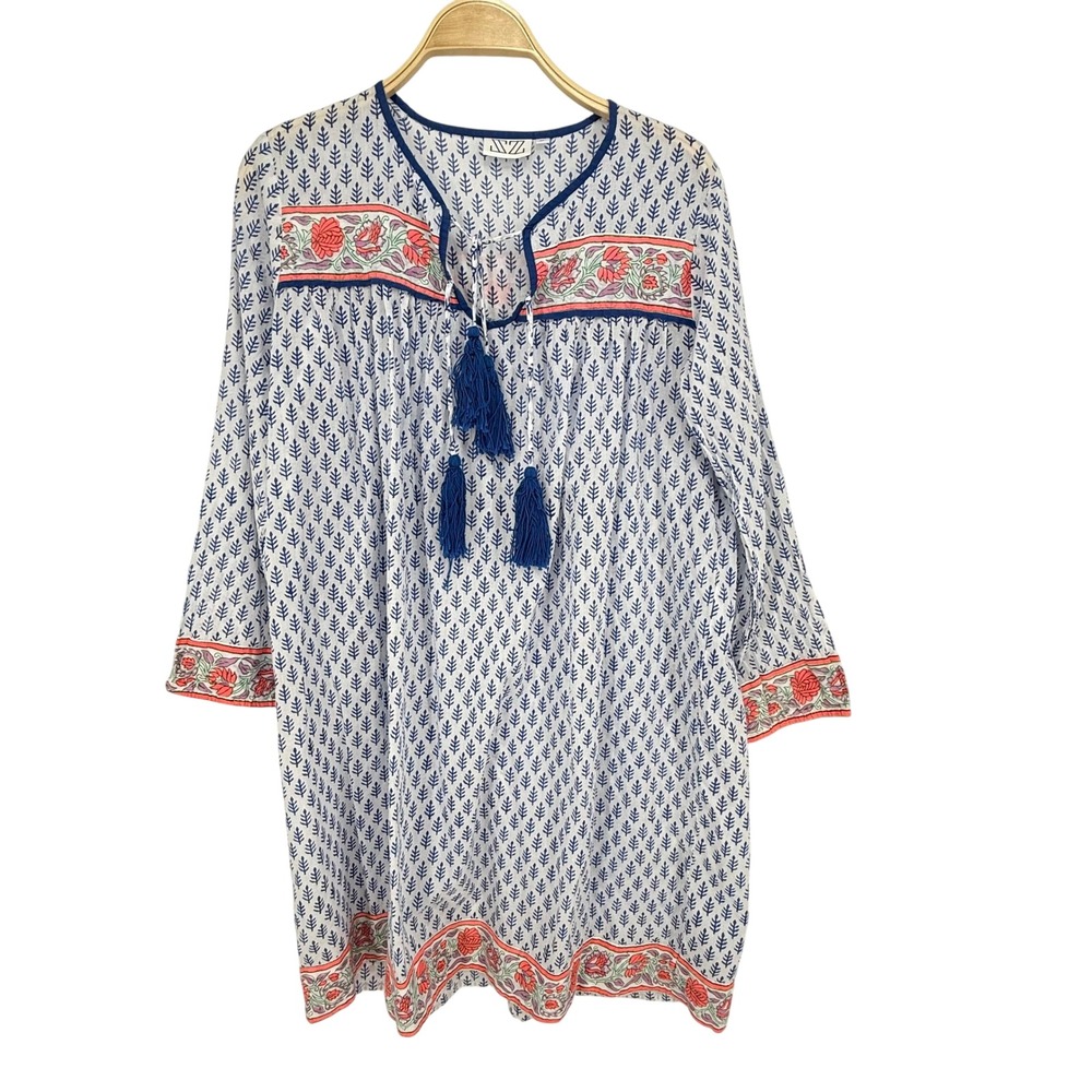 SZ Blockprints Tunic Dress Womens Medium White Blue Coral Excellent Boho Tassel